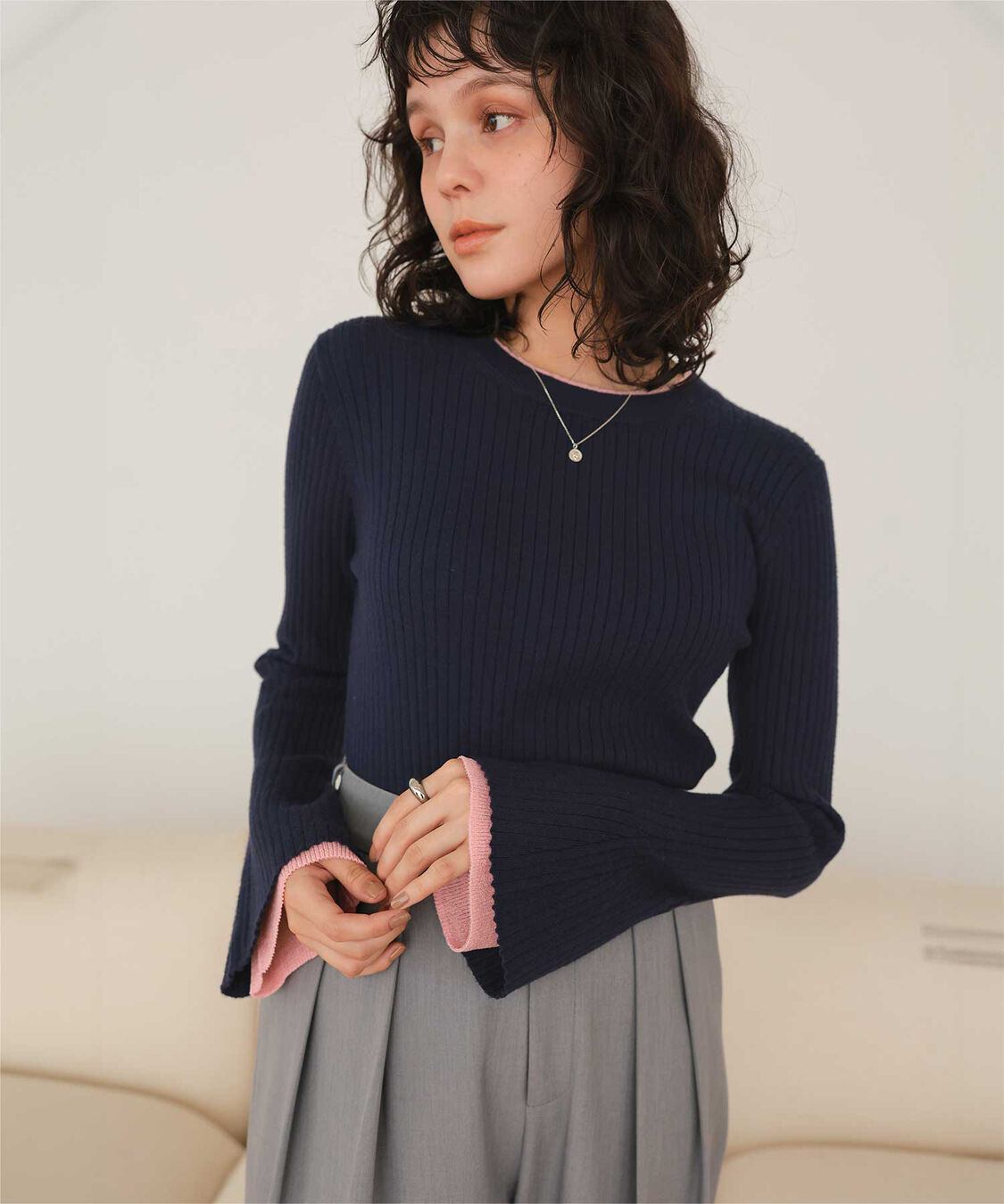 titivate「配色シアードッキングフレアスリーブリブニット」|ニット・セーター|ネイビー