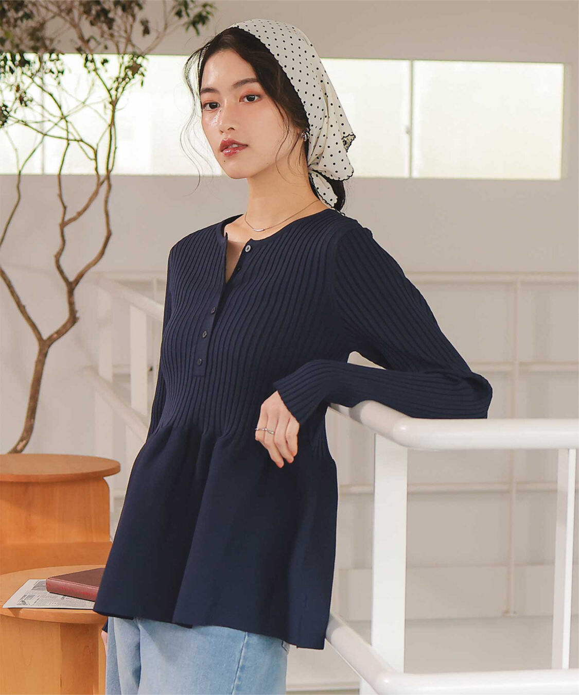 titivate「前後2wayヘンリーネックペプラムニットトップス」|ニット・セーター|ネイビー