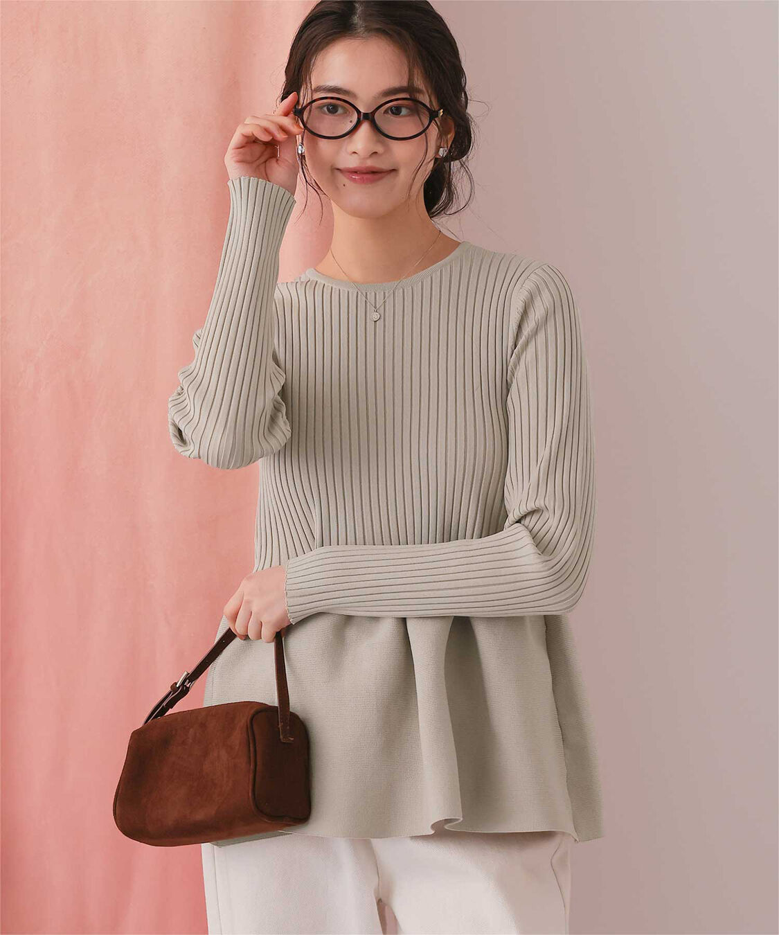 titivate「前後2wayヘンリーネックペプラムニットトップス」|ニット・セーター|グレージュ