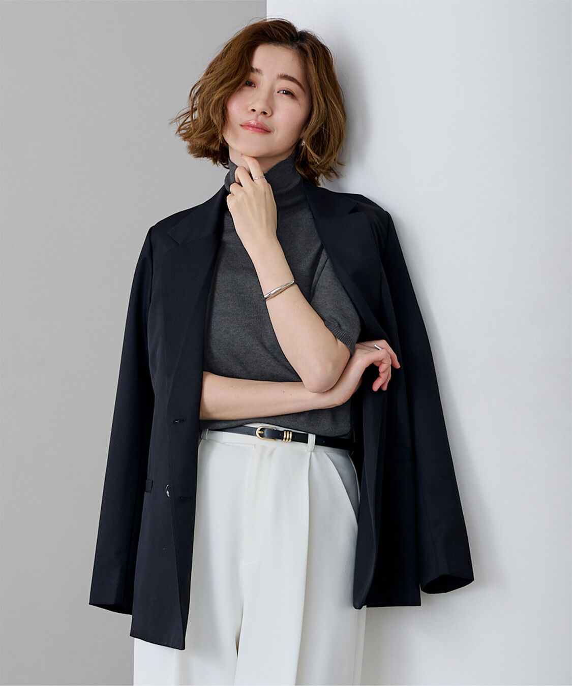 ur's「ハイネックハーフスリーブフィットニット」|ニット・セーター|チャコール