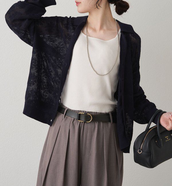  「透かし編み花柄ジャガード襟付カーディガン」|ニット・セーター|ネイビー