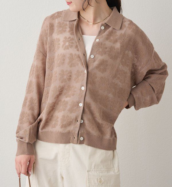  「透かし編み花柄ジャガード襟付カーディガン」|ニット・セーター|