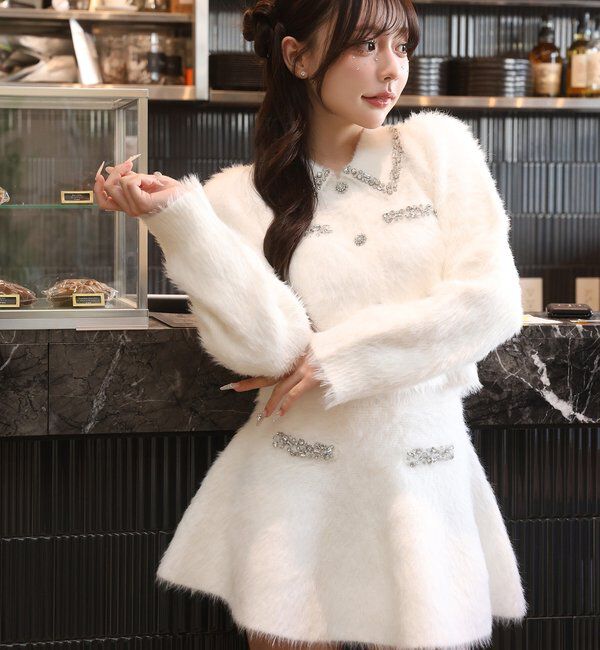  「ビジュー付フェザーニットセットアップ」|ワンピース|オフホワイト