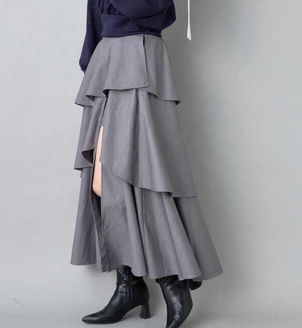  「スリットティアードロングスカート／後ろレースアップ」|スカート|チャコールグレー