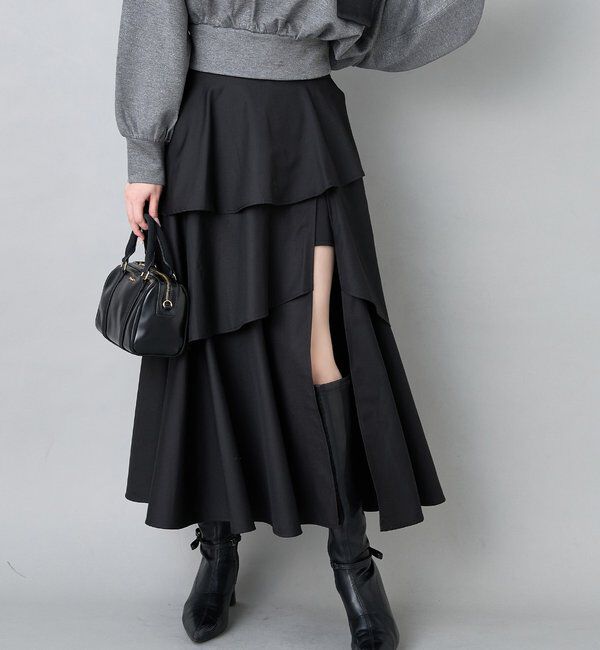  「スリットティアードロングスカート／後ろレースアップ」|スカート|ブラック