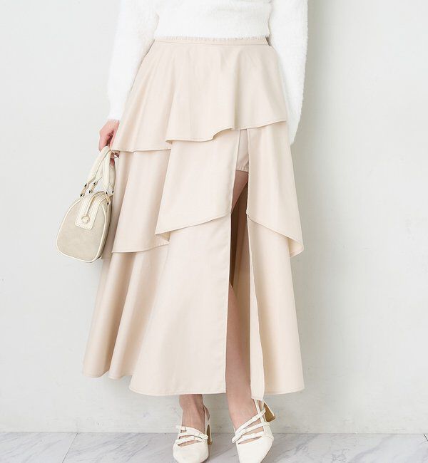  「スリットティアードロングスカート／後ろレースアップ」|スカート|ベージュ