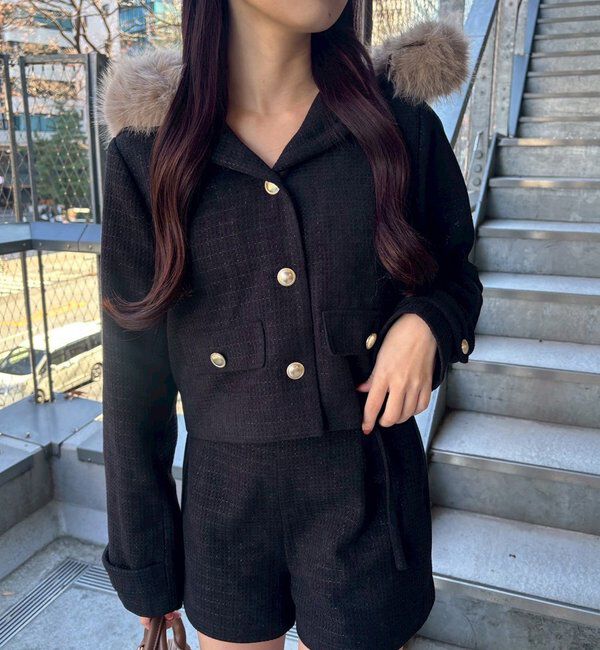  「フェイクファーフード付きツイードジャケット【セットアップ可能】」|ダウンベスト・ベスト|