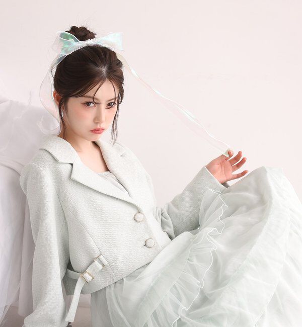  「サイドベルトツイードショートジャケット」|ダウンベスト・ベスト|