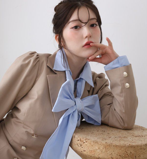  「【リボン取り外し可能】フロントギャザーボウタイシャツ」|シャツ・ブラウス|
