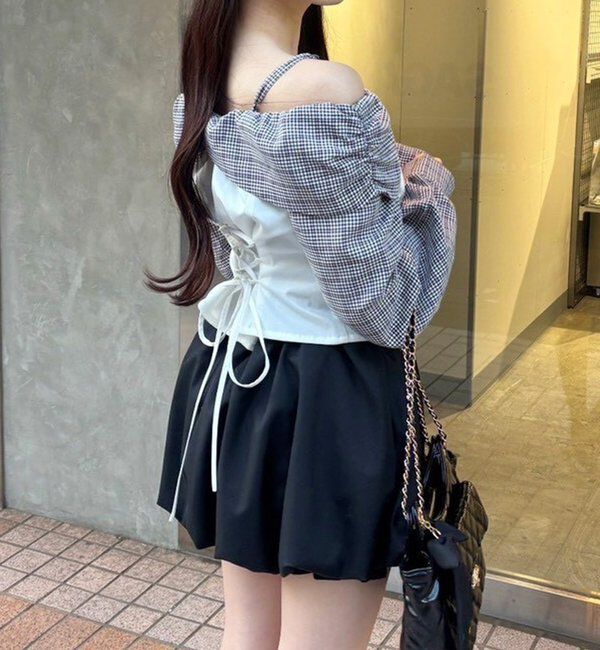  「バックレースアップ配色オフショルブラウス」|シャツ・ブラウス|