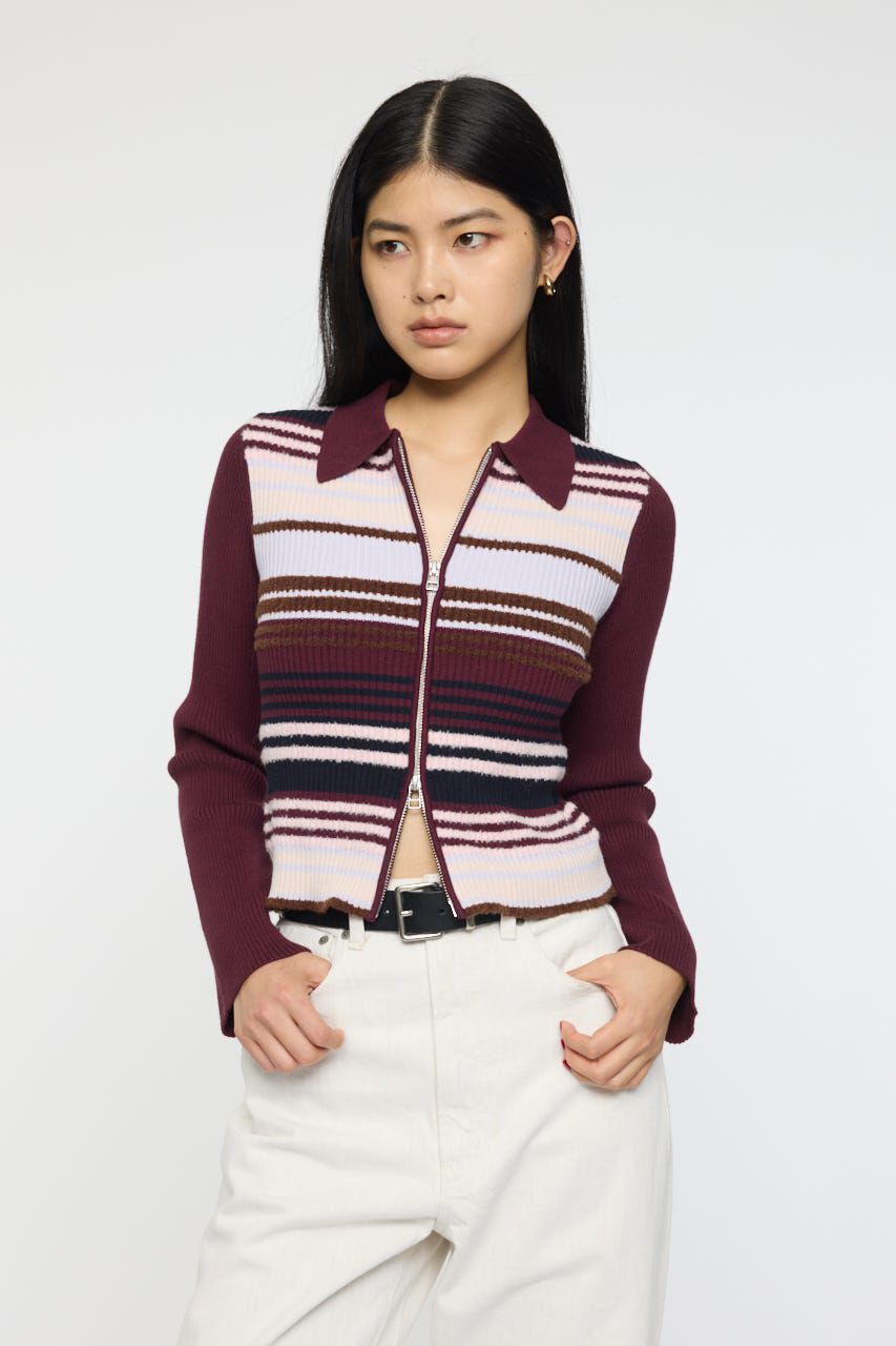 MOUSSY「STRIPE ZIP UP KNIT シャツ」|シャツ・ブラウス|柄BRD5