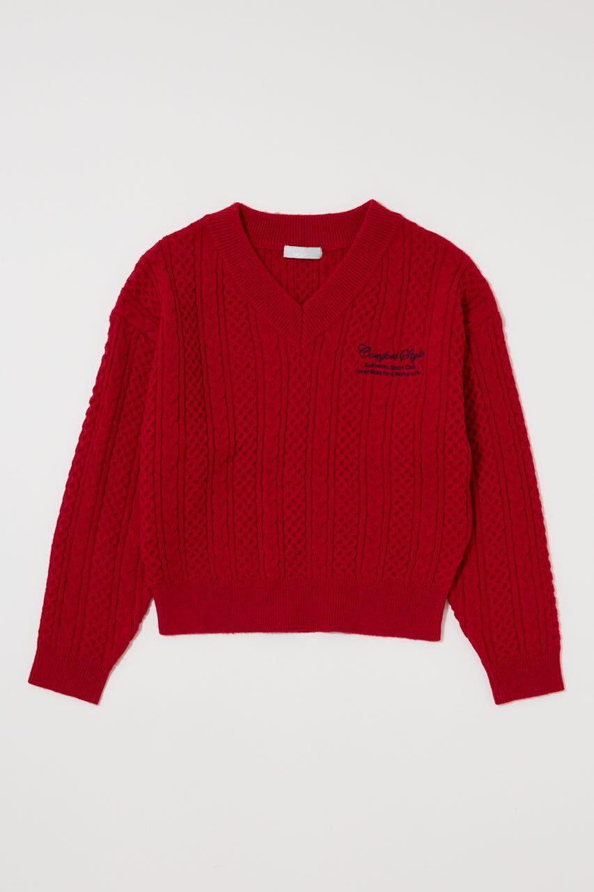 MOUSSY「CABLE V NECK ニット」|ニット・セーター|RED