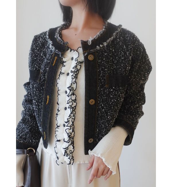 LAGUNAMOON「ツイードライクノーカラーデニムジャケット」|デニムジャケット|