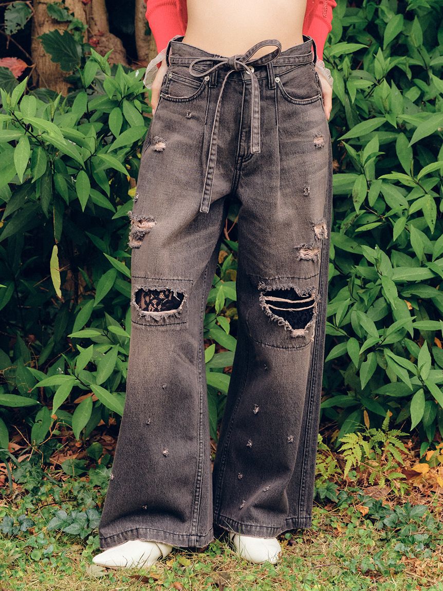 FURFUR「【新色追加】レースクラッシュデニムパンツ」|デニム|BLK