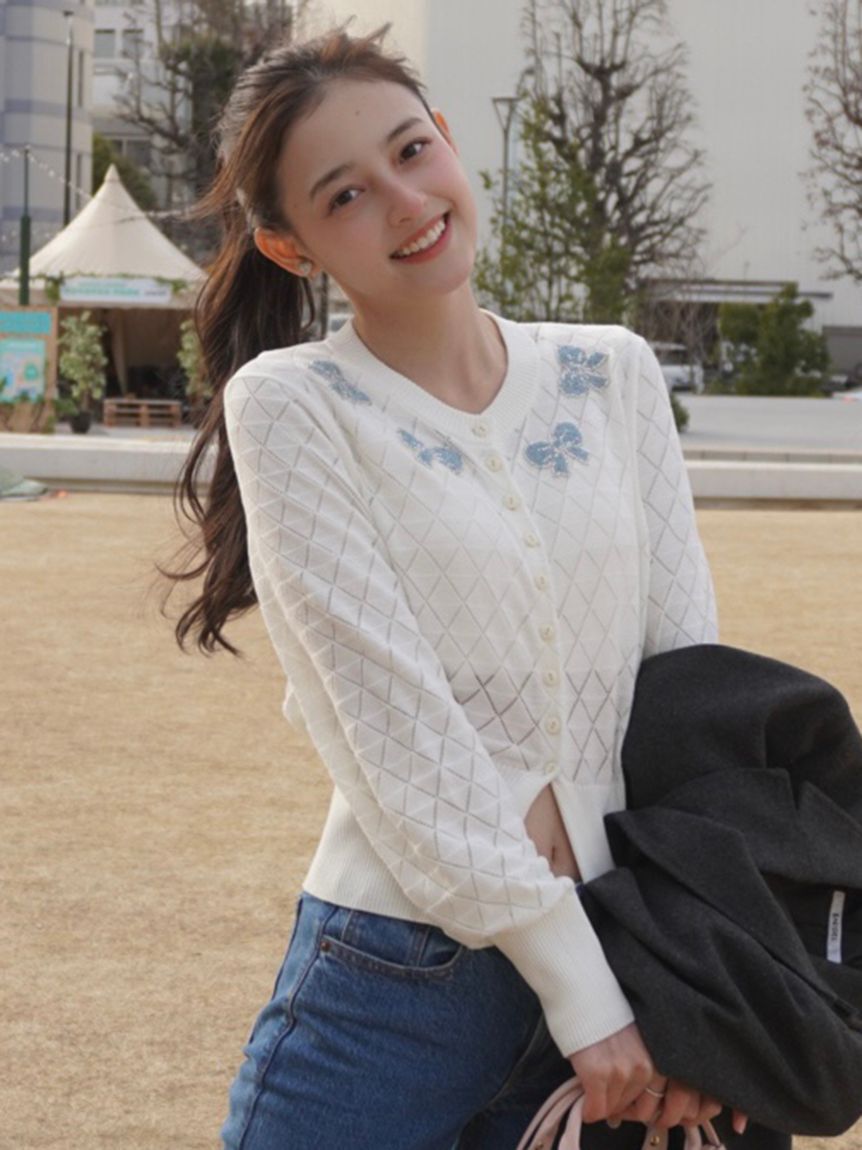 FURFUR「リボンビーズ刺繍アイレットカーディガン」|カーディガン|