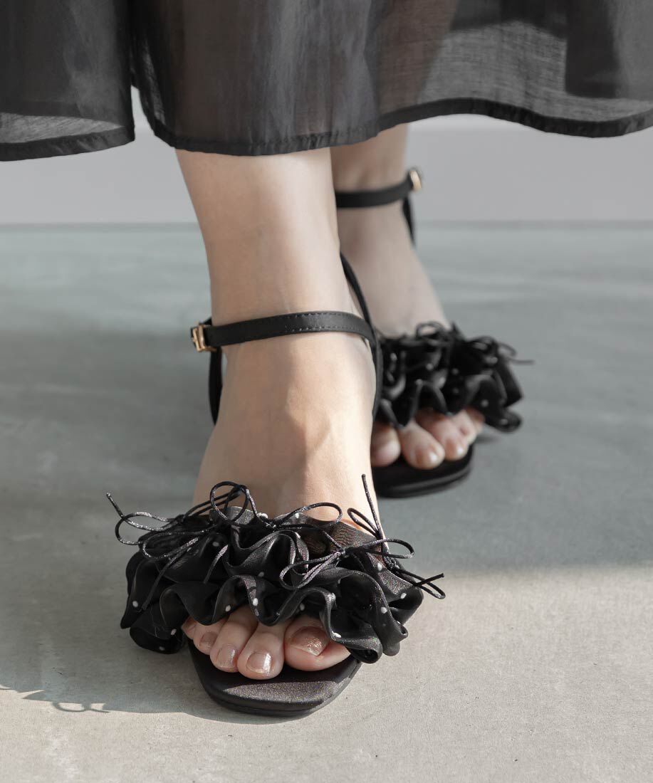  「ミニリボンフリルヒールサンダル」|サンダル|