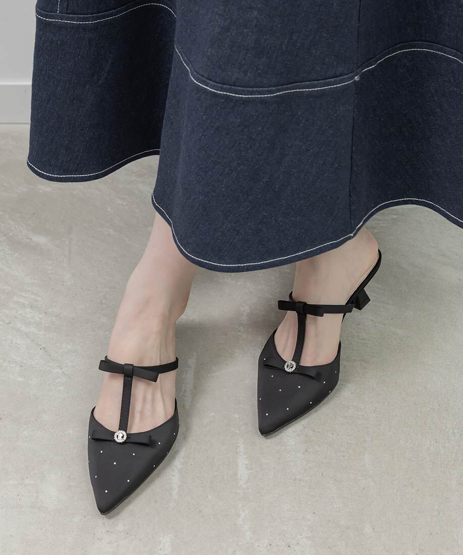  「ビジューリボンTストラップミュールパンプス」|パンプス|ブラック