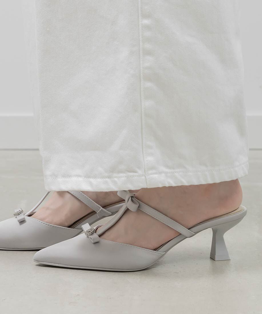  「ビジューリボンTストラップミュールパンプス」|パンプス|