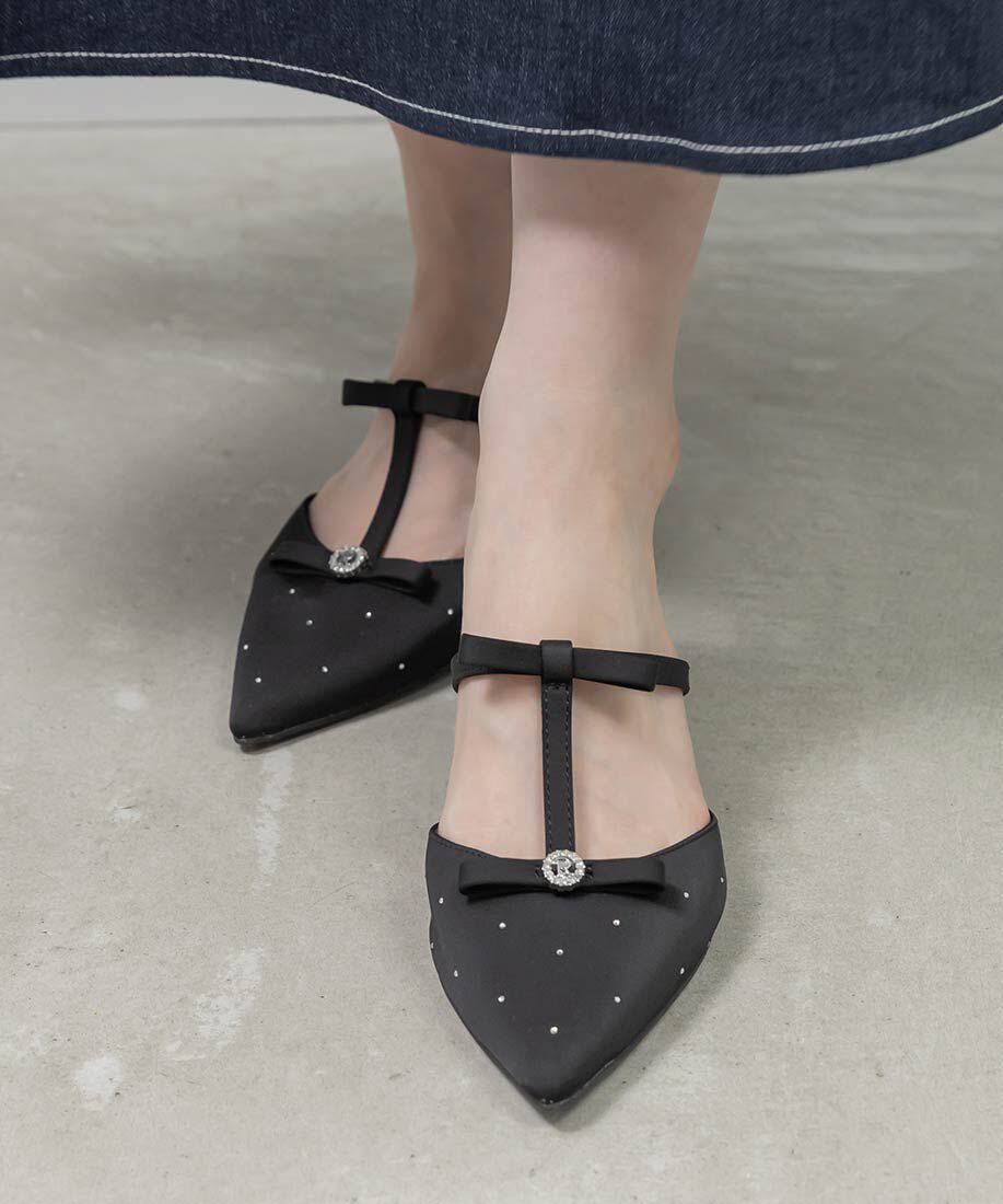  「ビジューリボンTストラップミュールパンプス」|パンプス|