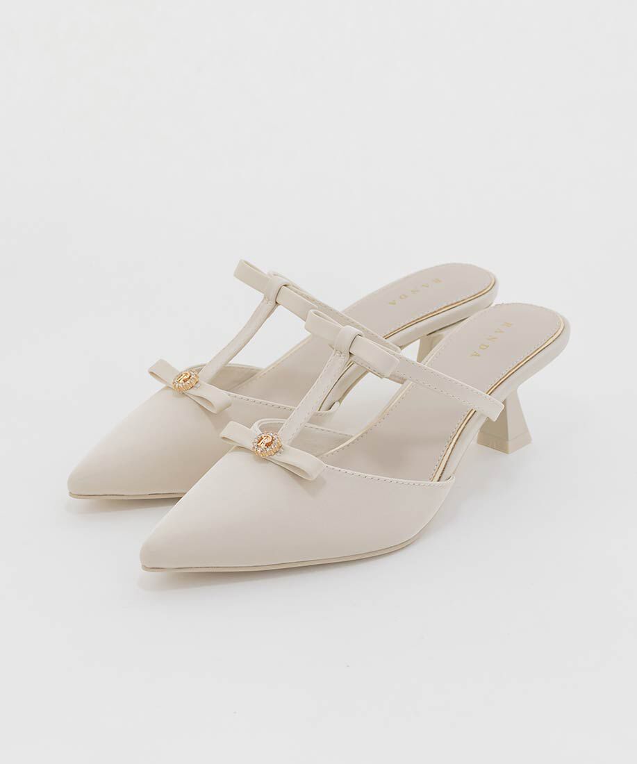  「ビジューリボンTストラップミュールパンプス」|パンプス|