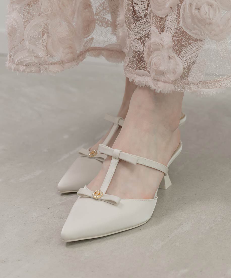  「ビジューリボンTストラップミュールパンプス」|パンプス|アイボリー