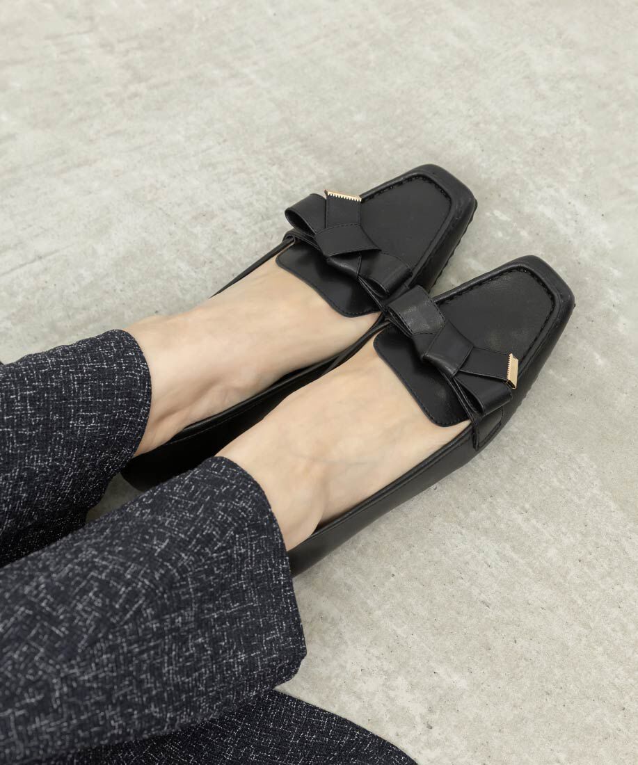  「スクエアトゥリボンモカシンシューズ」|ローファー|ブラック