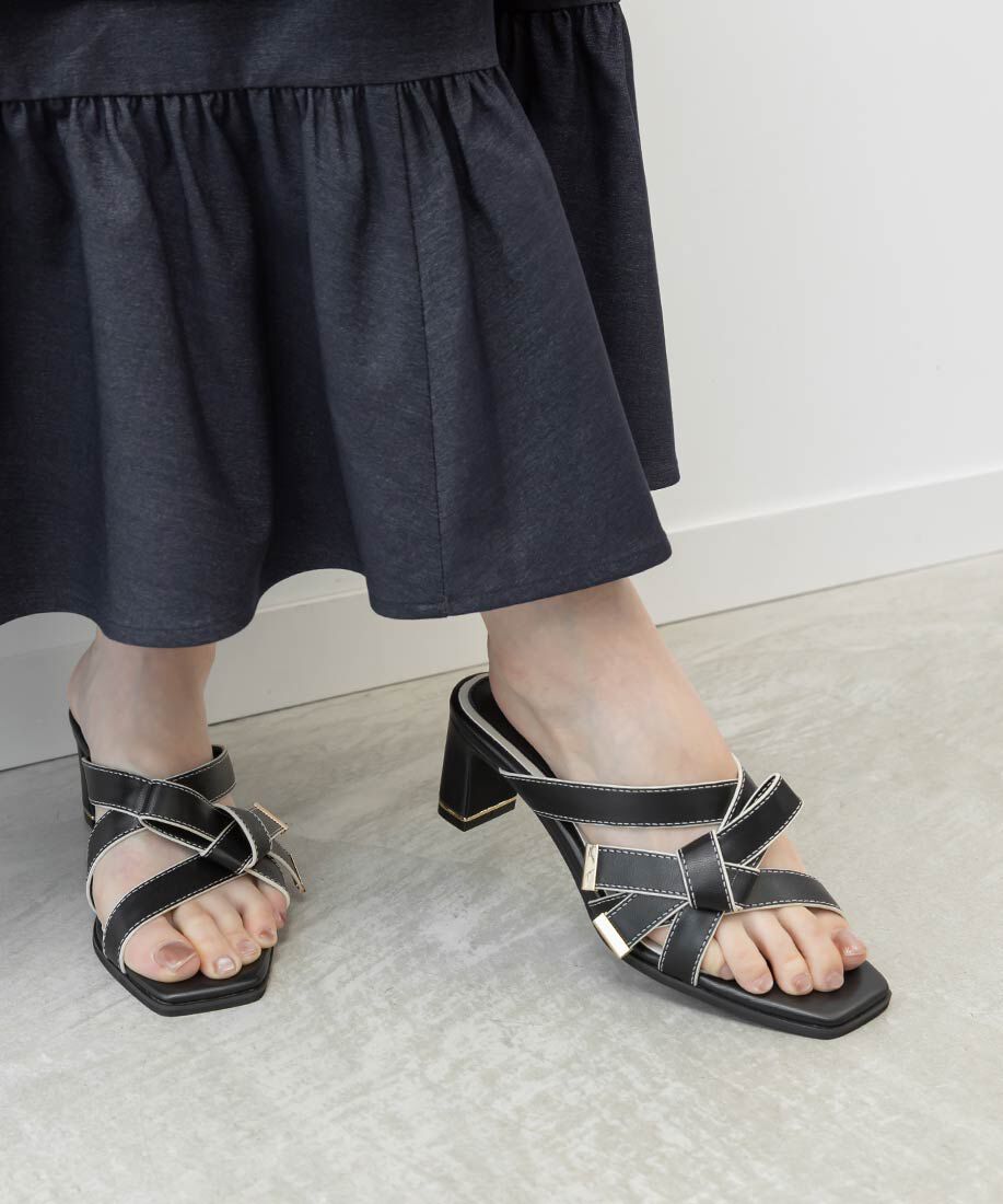  「アシンメトリーリボンミュールサンダル」|パンプス|ブラック