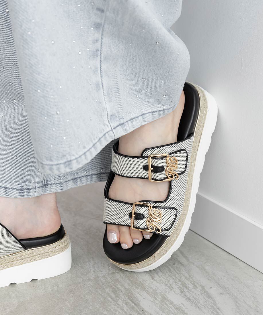  「モノグラムバックルダブルベルトサンダル」|サンダル|ブラック