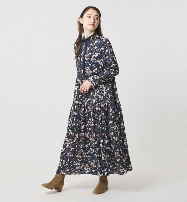 UNITED ARROWS「サテン フラワープリント ボウタイ ワンピース ‐ウォッシャブル‐」|ワンピース|