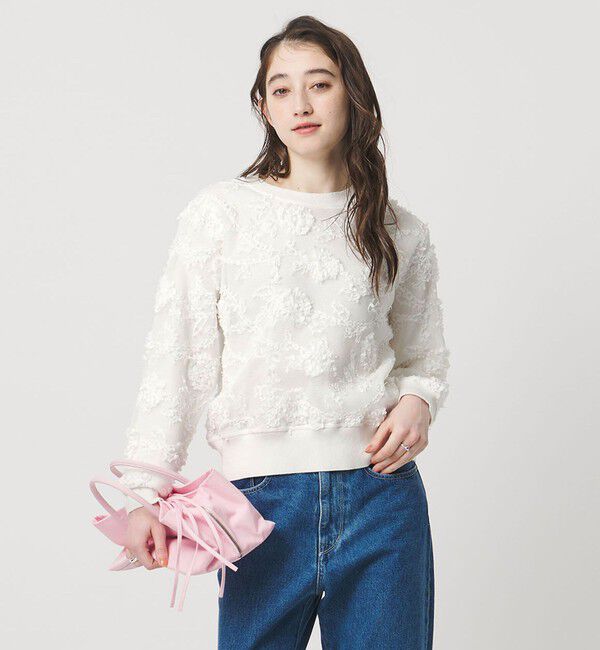 UNITED ARROWS「エンブロイダリーフラワー メッシュ ニット」|ニット・セーター|OFF WHITE