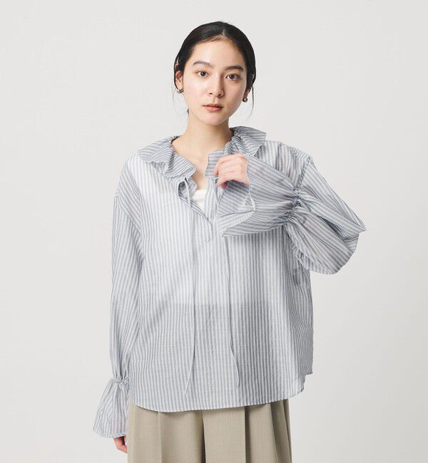 BEAUTY&YOUTH UNITED ARROWS「ストライプ ラッフル スキッパーブラウス ウォッシャブル」|シャツ・ブラウス|