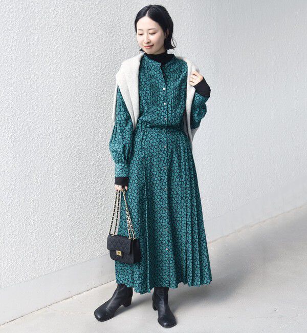 SHIPS for women「〈手洗い可能〉ドット / 花柄 バンドカラー サイド プリーツ ワンピース」|ワンピース|