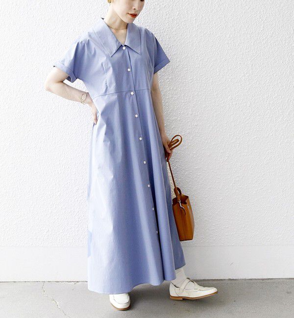 SHIPS any「SHIPS any:〈洗濯機可能〉フラットカラー Vネック フレア ワンピース」|ワンピース|ライトブルー