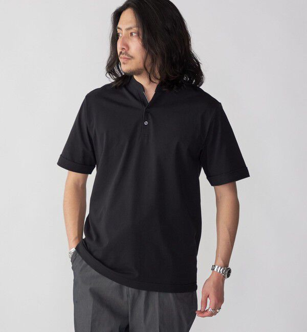 SHIPS「【WEB限定】SHIPS:〈接触冷感〉アイスタッチ プレーティングジャージー パイピング バンドカラーポロシャツ」|ポロシャツ|ブラック