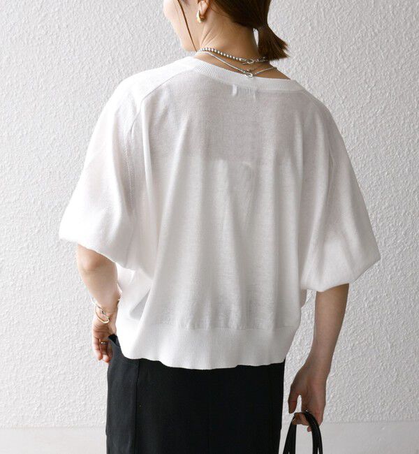 SHIPS any「SHIPS any:〈手洗い可能〉リネン ミックス ワイド パフ クルーネック シアー カーディガン」|カーディガン|