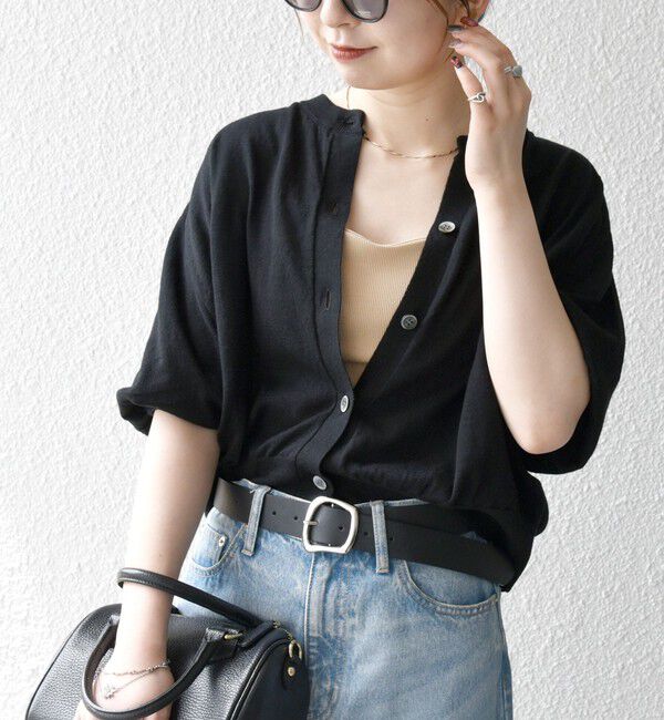 SHIPS any「SHIPS any:〈手洗い可能〉リネン ミックス ワイド パフ クルーネック シアー カーディガン」|カーディガン|ブラック