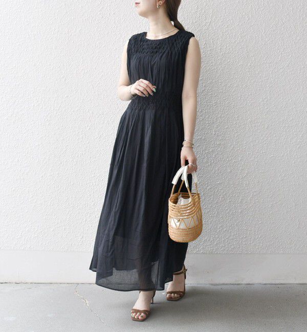 SHIPS any「《一部追加予約》【WEB限定】SHIPS any: ハンドスモッキング  コットン フレア ノースリーブ ワンピース」|ワンピース|