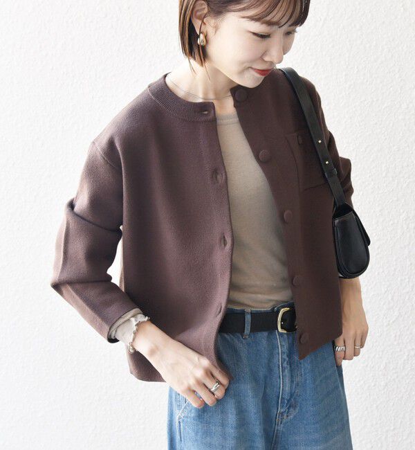 SHIPS any「SHIPS any: ミラノリブ ノーカラー ニット ジャケット カーディガン」|カーディガン|ブラウン