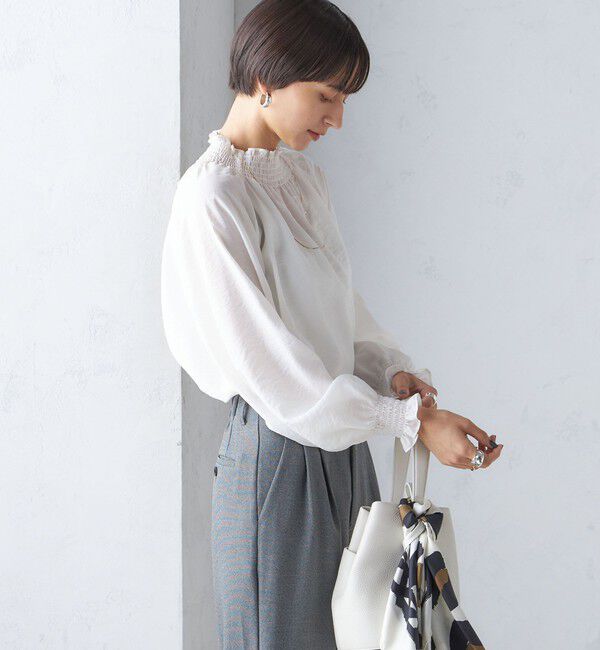 SHIPS for women「〈洗濯機可能〉シャーリング ネック 長袖 ブラウス」|シャツ・ブラウス|