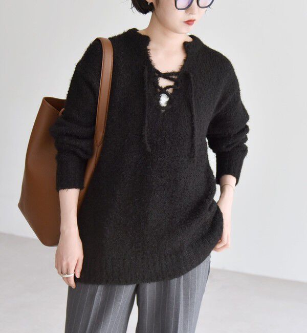 quaranciel「quaranciel:〈手洗い可能〉フェザーヤーン レースアップ ラメ スキッパー ニット」|ニット・セーター|