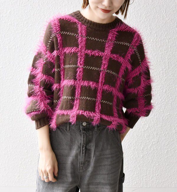 SHIPS any「SHIPS any:〈手洗い可能〉シャギー チェック クルーネック プルオーバー」|ニット・セーター|ブラウン
