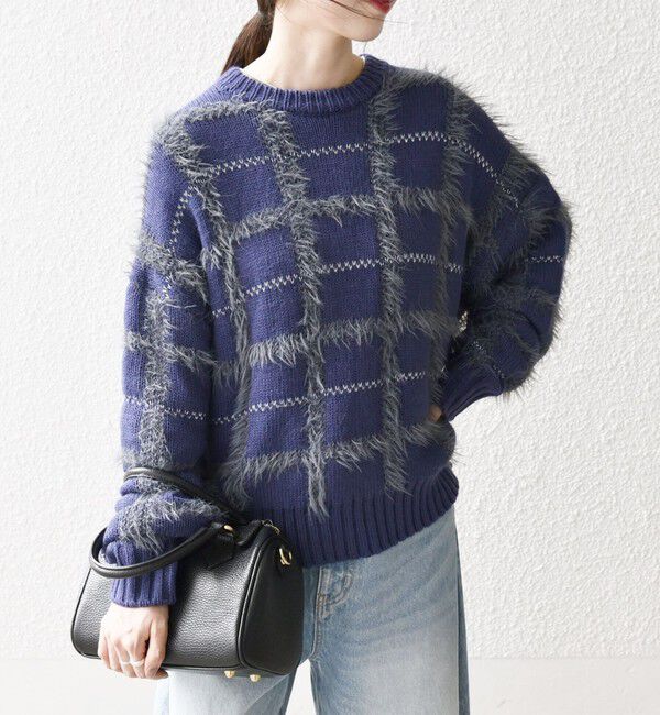 SHIPS any「SHIPS any:〈手洗い可能〉シャギー チェック クルーネック プルオーバー」|ニット・セーター|