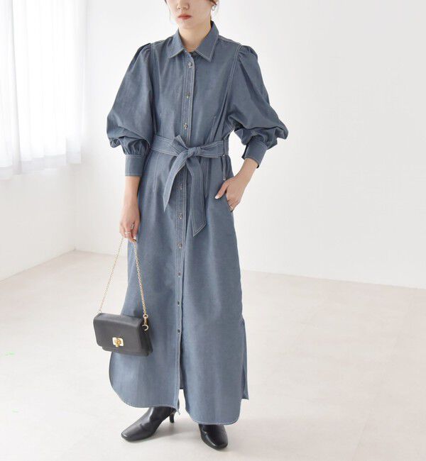 quaranciel「quaranciel:〈洗濯機可能〉シャンブレー パフ ロング シャツ ワンピース」|ワンピース|