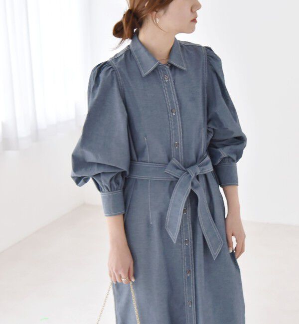 quaranciel「quaranciel:〈洗濯機可能〉シャンブレー パフ ロング シャツ ワンピース」|ワンピース|