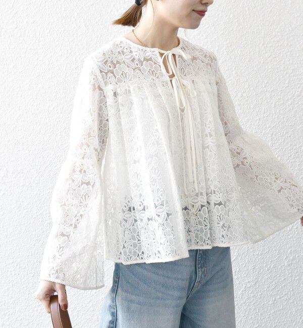SHIPS any「SHIPS any:〈手洗い可能〉フラワーレース エンブロイダリー フレア シアー ブラウス」|シャツ・ブラウス|ホワイト