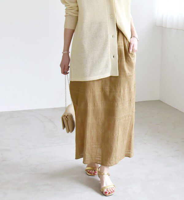 quaranciel「quaranciel:〈洗濯機可能〉シャーリング ボーダー Iライン スカート」|タイト|ベージュ