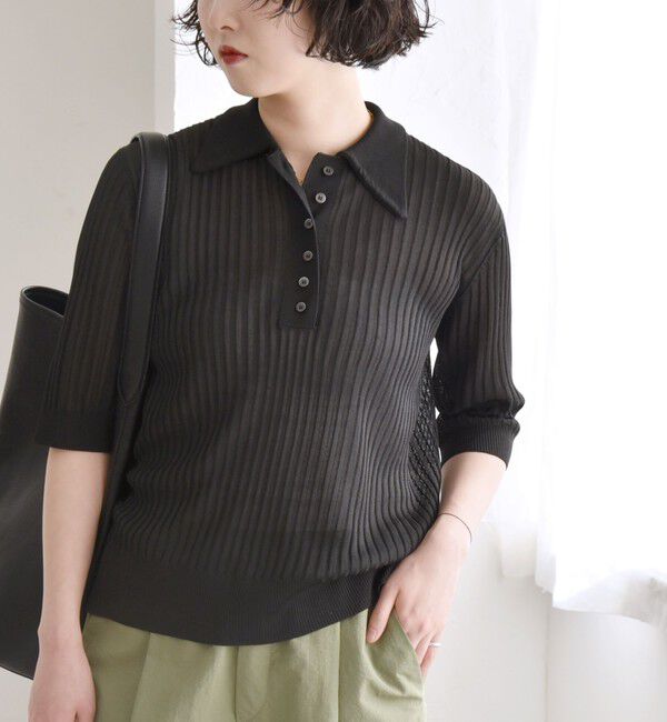 quaranciel「quaranciel:〈手洗い可能〉シアー ラメ ポロ リブ ニット プルオーバー」|ニット・セーター|