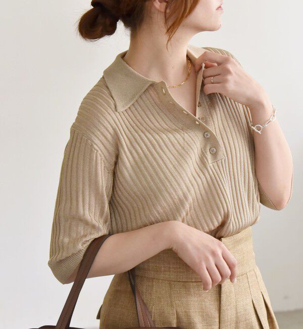 quaranciel「quaranciel:〈手洗い可能〉シアー ラメ ポロ リブ ニット プルオーバー」|ニット・セーター|ベージュ