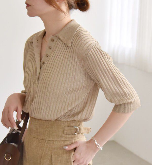 quaranciel「quaranciel:〈手洗い可能〉シアー ラメ ポロ リブ ニット プルオーバー」|ニット・セーター|