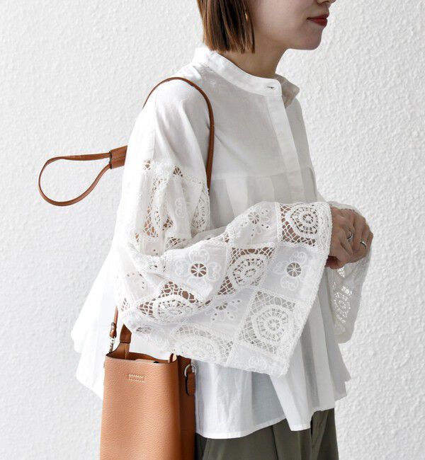 SHIPS any「SHIPS any:〈手洗い可能〉パッチワーク レース スリーブ バンドカラー シャツ」|シャツ・ブラウス|オフホワイト